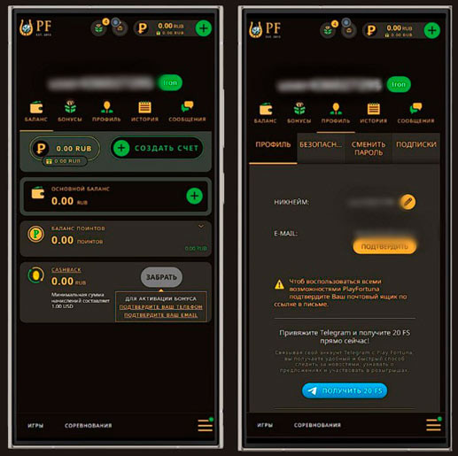 Личный кабинет в Play Fortuna Casino